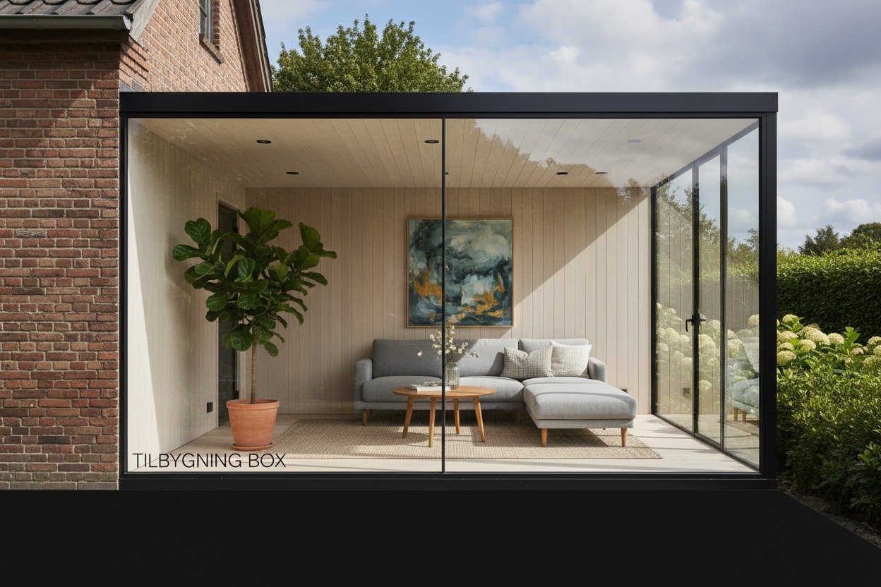 A modern glass-walled extension attached to a brick house features a bright living room with a grey sectional sofa, a wooden coffee table, a potted fiddle-leaf fig, and abstract wall art.