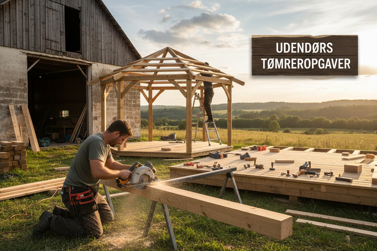 A carpenter kneels on the grass cutting a wooden beam with a circular saw, with a gazebo frame and a barn in the background.