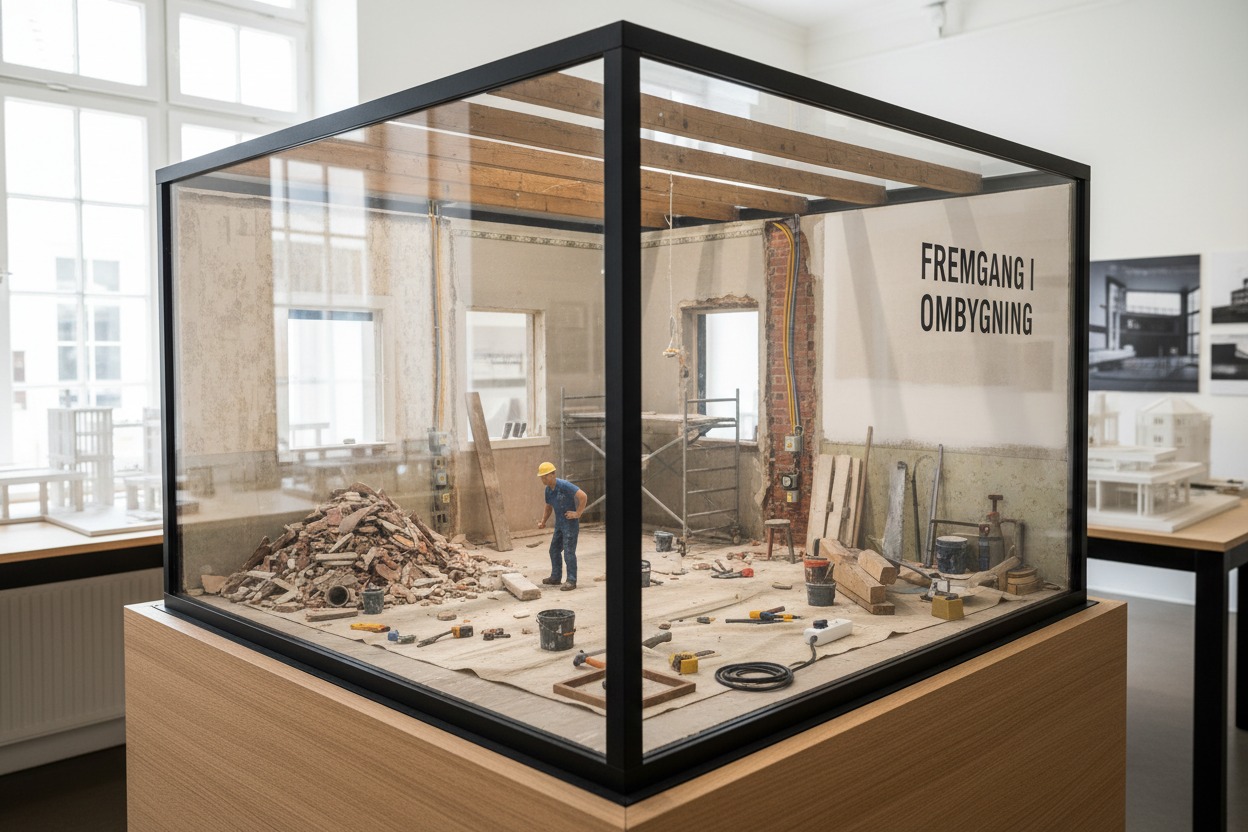 A detailed architectural model inside a glass display case shows a room under renovation with a miniature construction worker, a pile of rubble, and various tools.